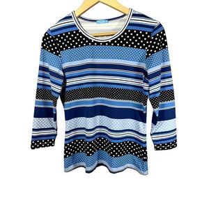 J. McLAUGHLIN Women's Stripes & Polka Dot Crew Neck 3/4 Sleeve Top Blue Small